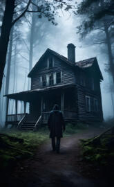 a person walking towards a house