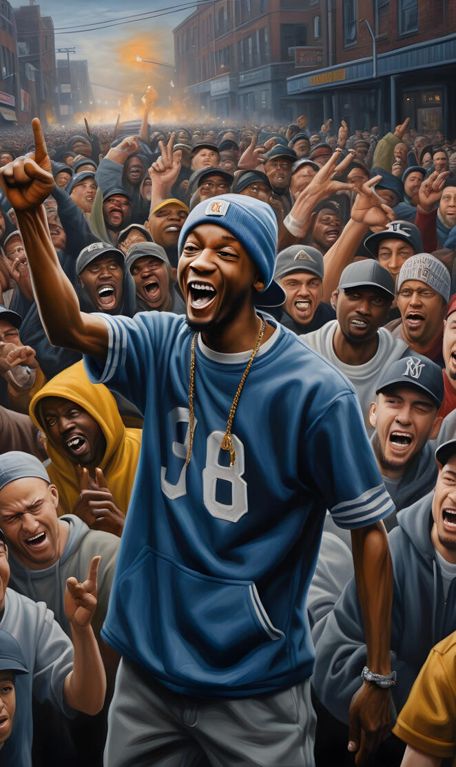 a man rapping and getting cheered on