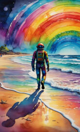 a person in a space suit standing in front of a large hole