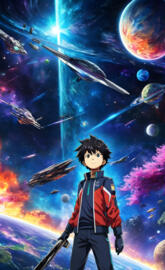 a toy figure in front of a large group of planets