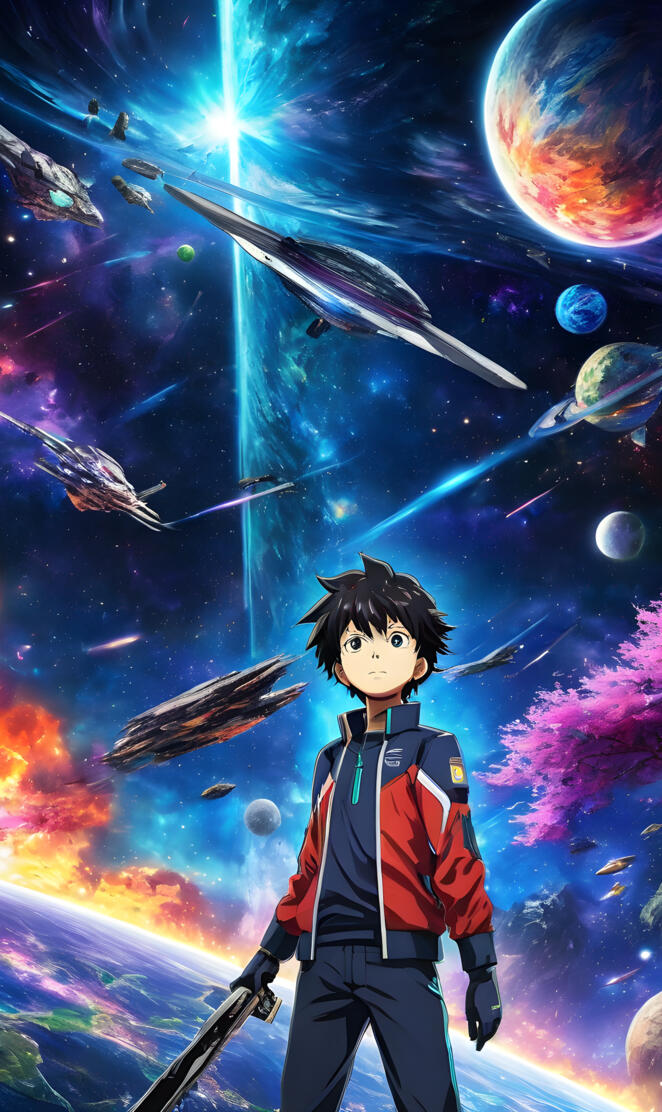 a toy figure in front of a large group of planets