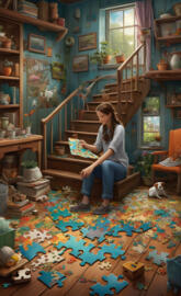 a woman sitting on stairs figuring out...on how to?