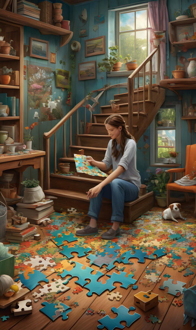 a woman sitting on stairs figuring out...on how to?