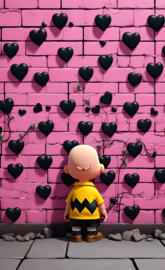 a toy figure in front of a wall of black balls