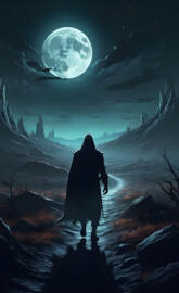 hooded figure stalks by moonlight in a desolate land