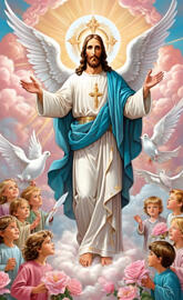 a religious figure with a crown and a group of children