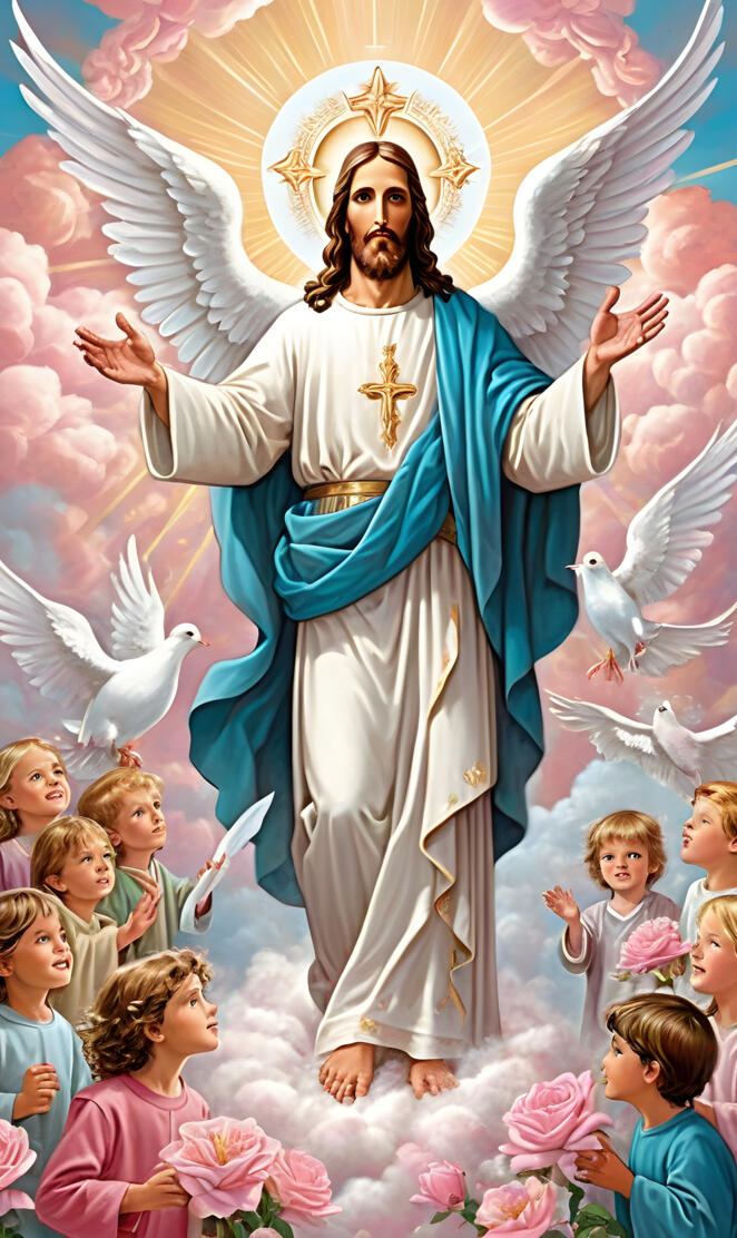 a religious figure with a crown and a group of children