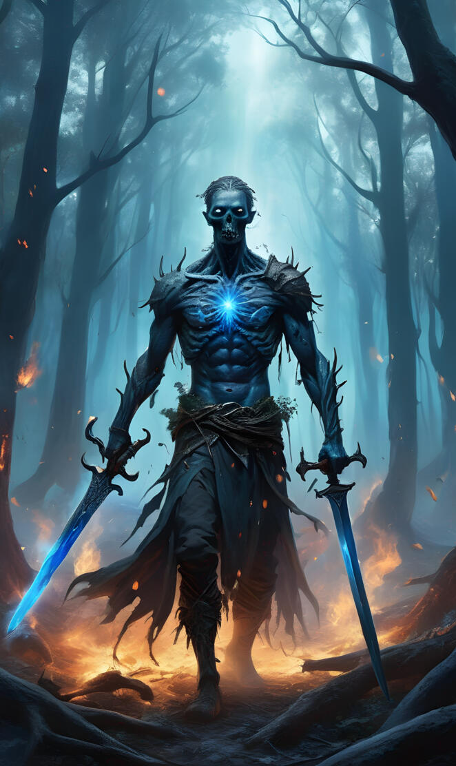 Zombie in a forest with a blue flaming sword