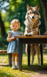 Auf dem Tisch steht eine schöne Figur eines weißen Wolfes,Der Tisch, a