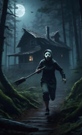 a man in a mask holding a sword in front of a house