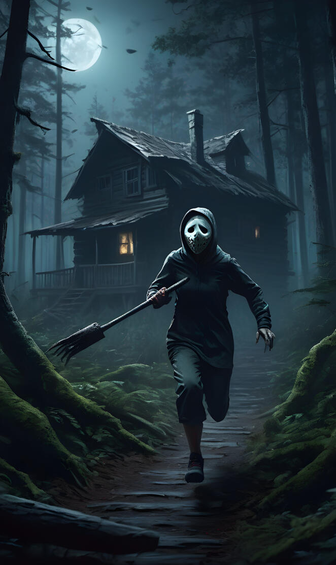 a man in a mask holding a sword in front of a house