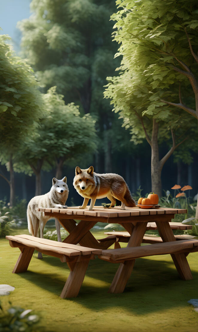 Auf dem Tisch steht eine schöne Figur eines weißen Wolfes,Der Tisch, a