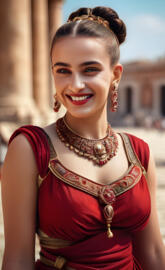 Roman Empire-a woman wearing a red dress and gold jewelry