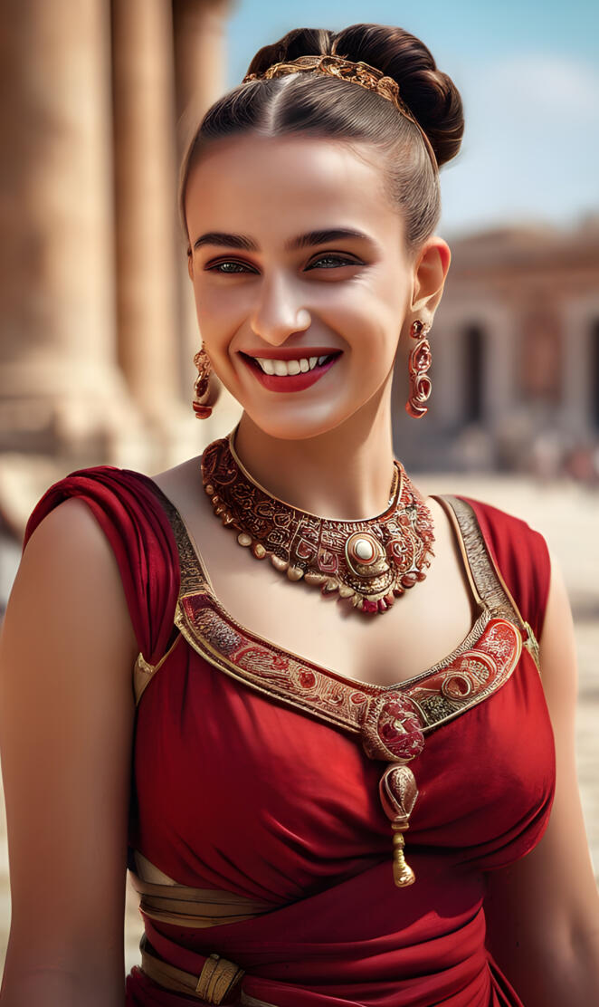 Roman Empire-a woman wearing a red dress and gold jewelry