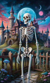 Skeleton in front of a castle