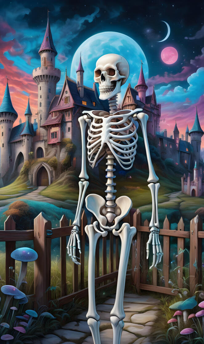 Skeleton in front of a castle