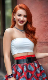 a woman in a white top and red hair