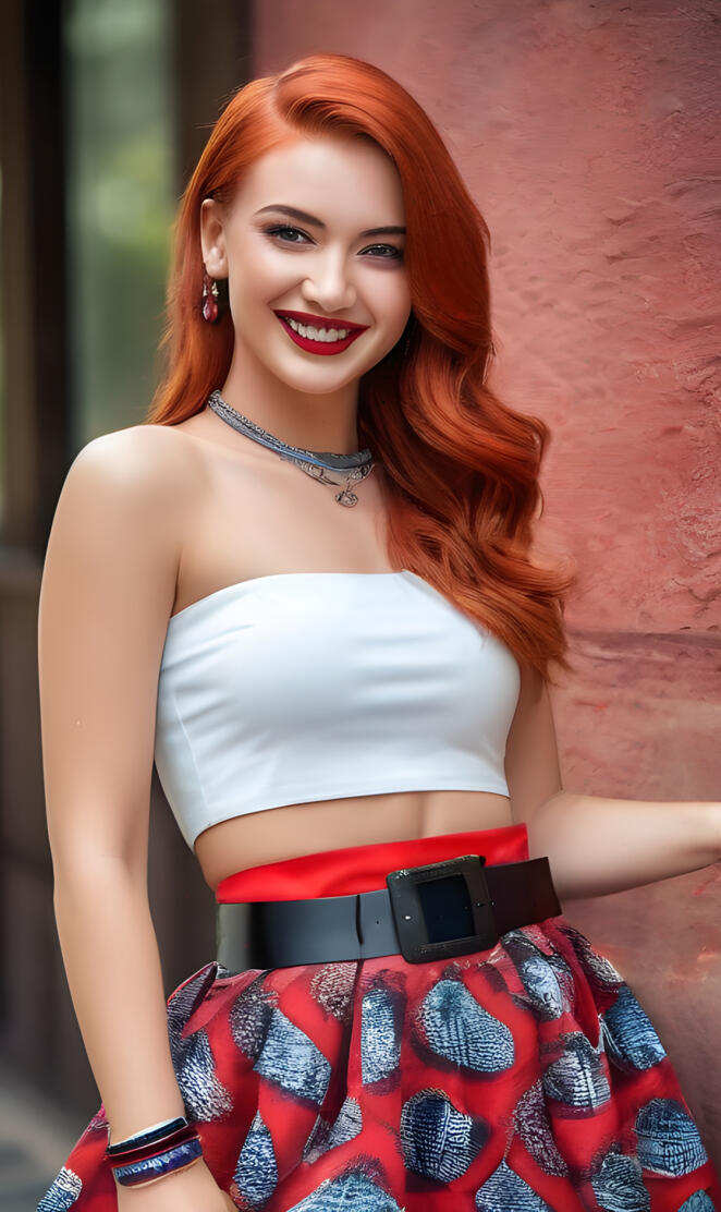 a woman in a white top and red hair