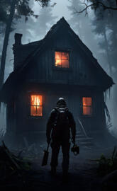 a person in a garment in front of a house with a light on the roof