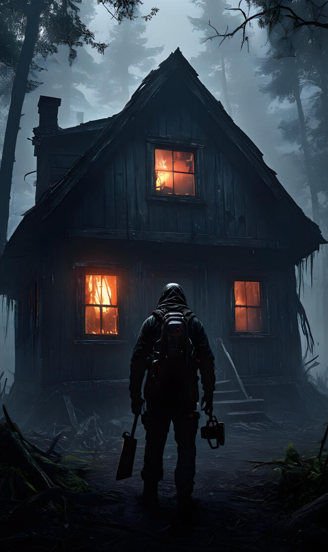 a person in a garment in front of a house with a light on the roof