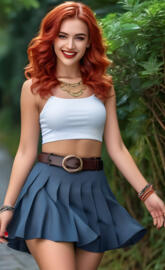 a woman in a blue skirt