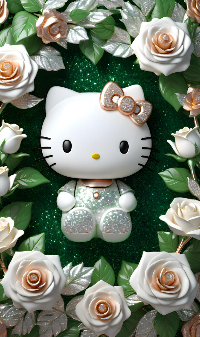lovely Hello Kitty surrounded by pearly white roses