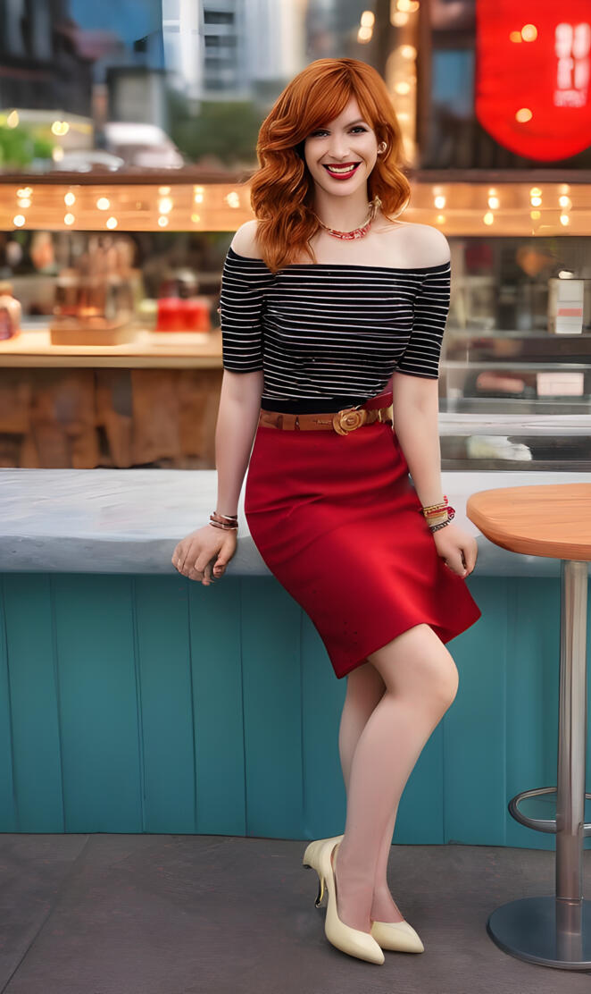 a woman in a red and black dress standing in front of a counter