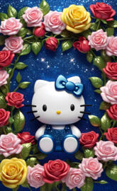 lovely Hello Kitty on sparkly blue, framed by beautiful colored roses