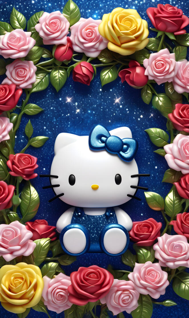 lovely Hello Kitty on sparkly blue, framed by beautiful colored roses