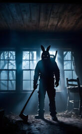 Bunny head man holding a sword in a dark room