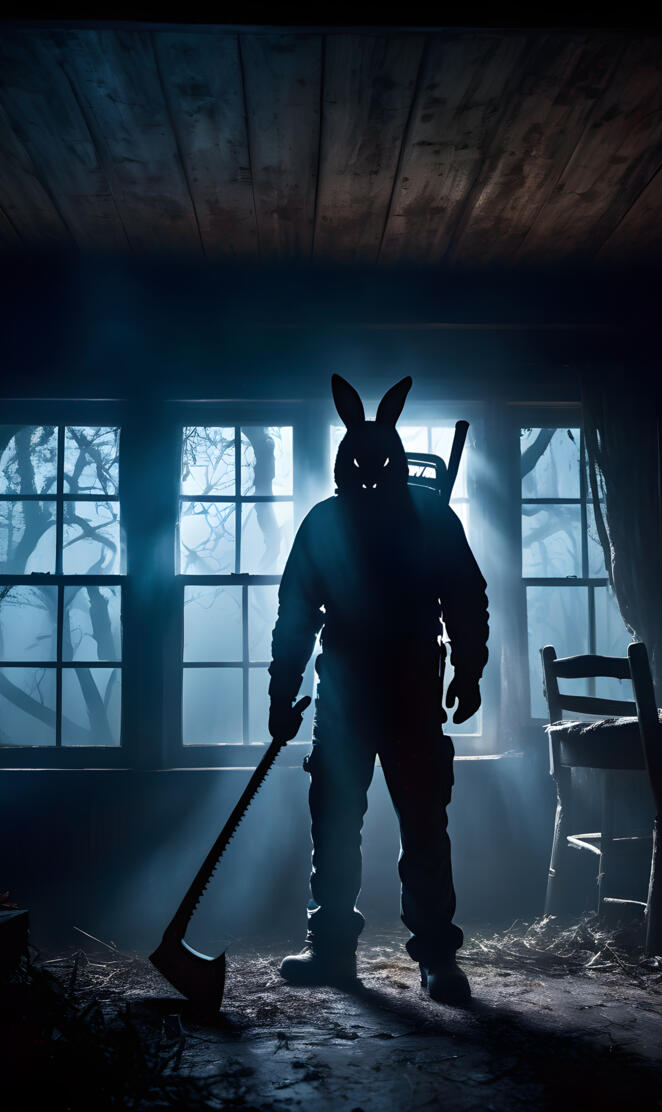 Bunny head man holding a sword in a dark room