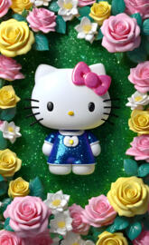 little Hello Kitty in blue dress surrounded by roses