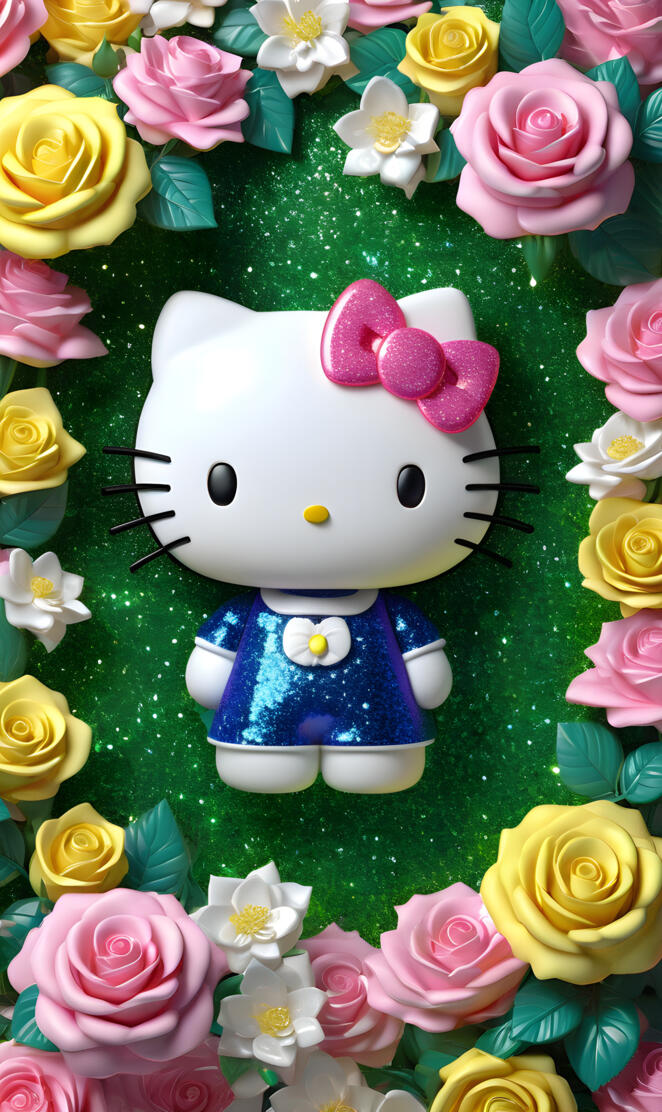 little Hello Kitty in blue dress surrounded by roses