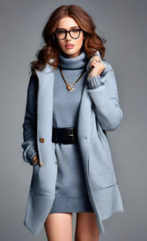 A woman wearing a grey coat and glasses