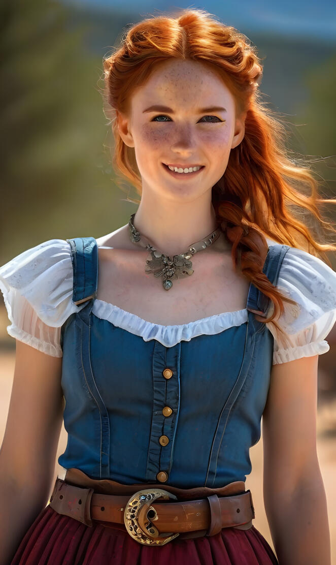Wild West-a woman with red hair wearing a dress