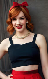 a woman with red hair and a black top