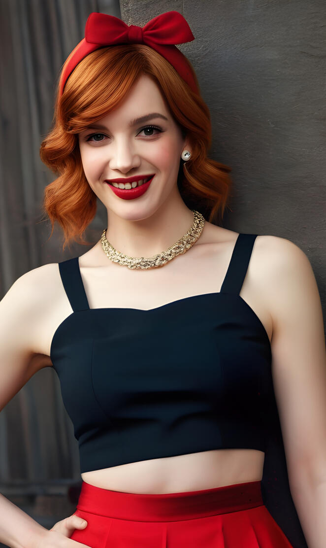 a woman with red hair and a black top
