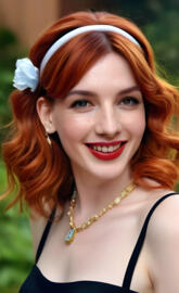 a woman with red hair and a white flower in her hair