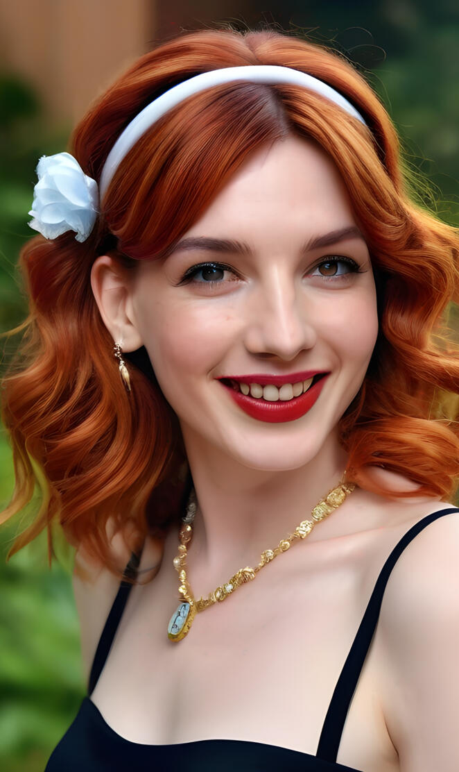 a woman with red hair and a white flower in her hair