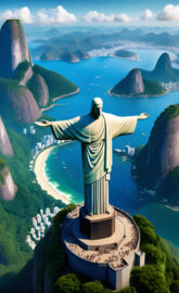 a statue of a person holding a torch on a mountain overlooking a body