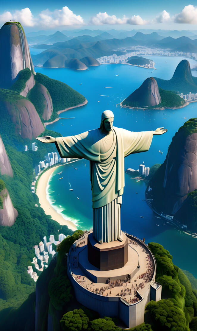 a statue of a person holding a torch on a mountain overlooking a body