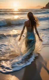 a woman of water emerging from the crystal-clear ocean waves on a sand