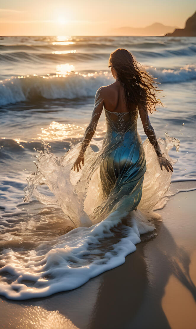 a woman of water emerging from the crystal-clear ocean waves on a sand
