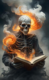 a skeleton holding a book