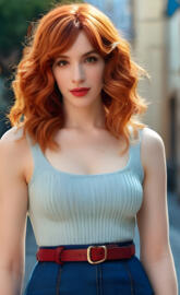 a woman with red hair without glasses