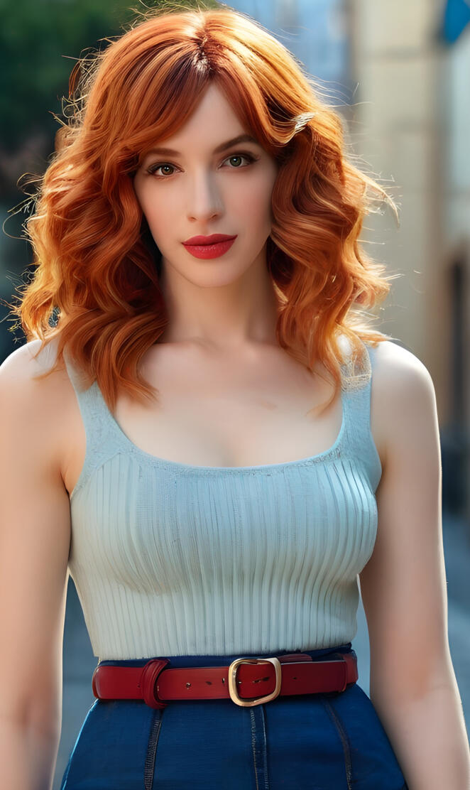 a woman with red hair without glasses