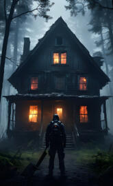 a person standing in front of a house with a large window