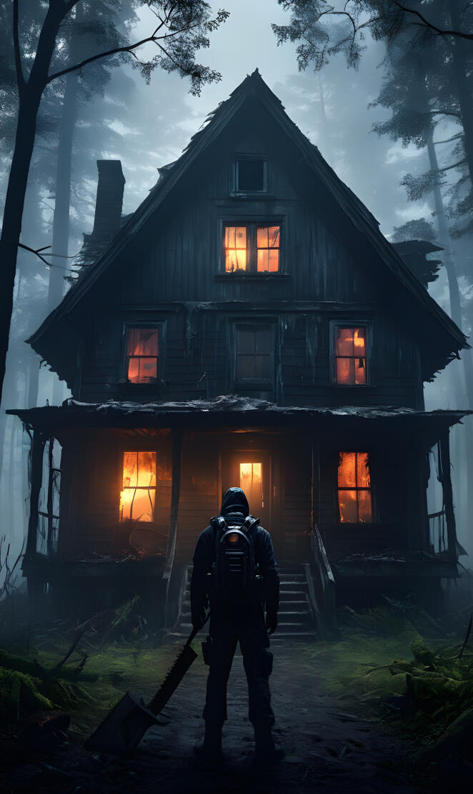 a person standing in front of a house with a large window