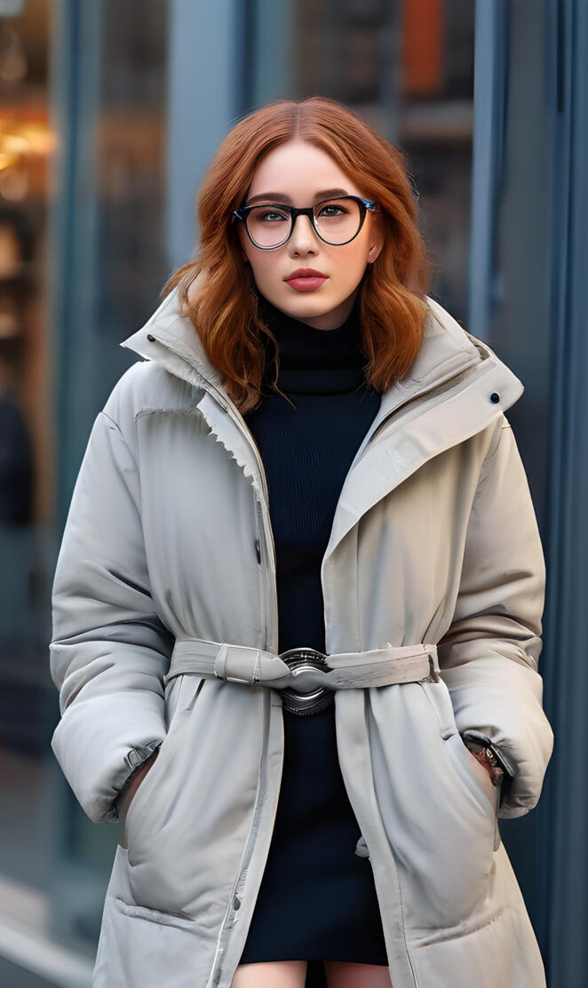 a woman wearing a coat and glasses