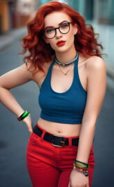 a woman posing for a picture in red jeans